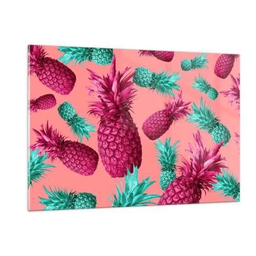 Obraz na szkle - Kolorowe ananasy w odcieniach różu i zieleni na różowym tle - 120x80cm - Wolność jest słodka - Nowoczesna dekoracja ścienna do salonu, kuchni i sypialni ARTTOR