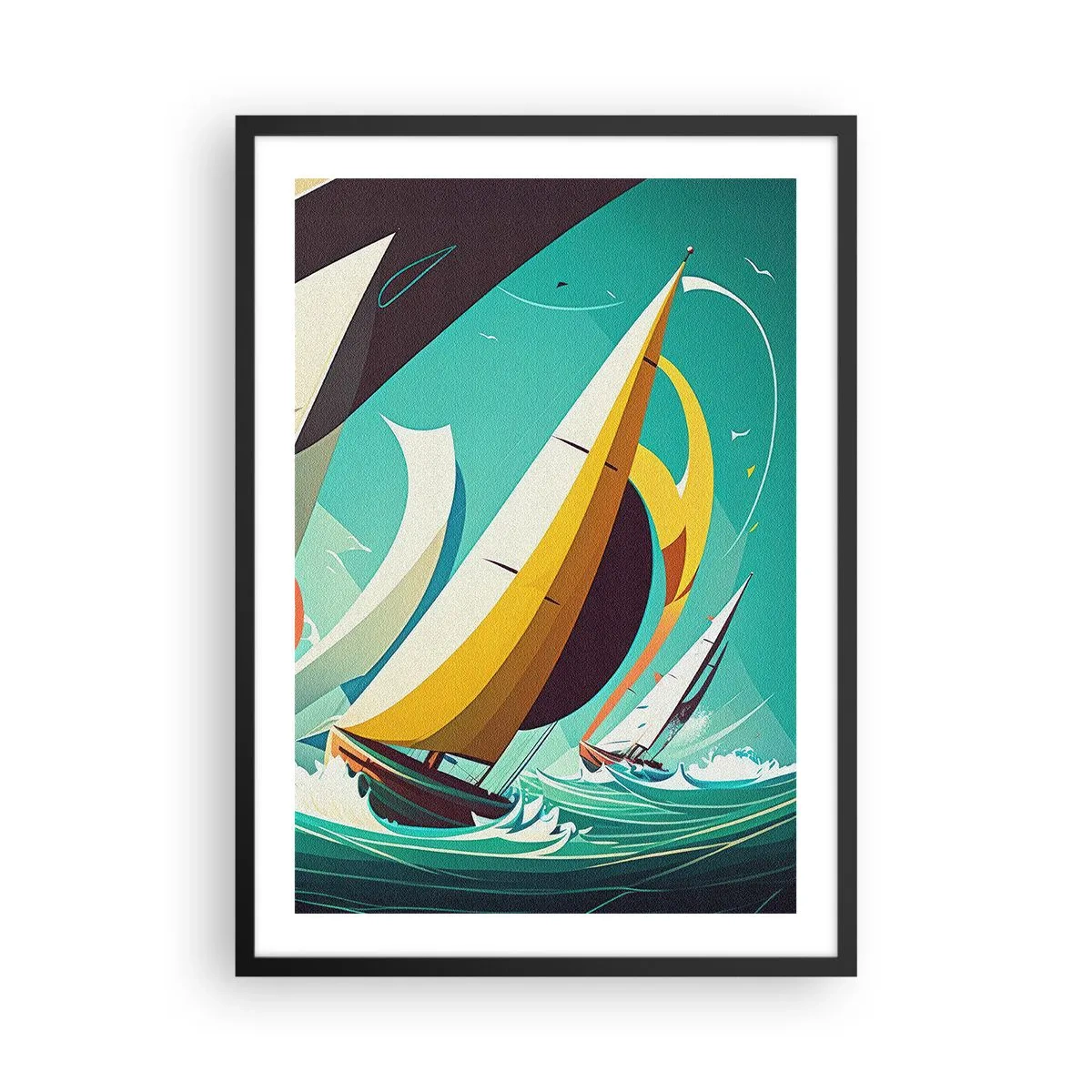 Plakat w czarnej ramie - Abstrakcyjne regaty żaglowe na wzburzonym morzu - 50x70cm - Z żywiołami za pan brat - Nowoczesna dekoracja ścienna do salonu i sypialni ARTTOR