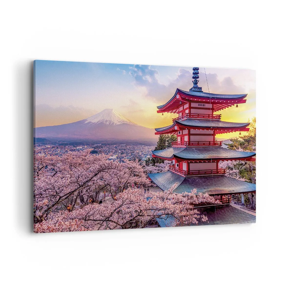 Obraz na płótnie - Pagoda w Japonii z kwitnącymi wiśniami i górą Fuji - 100x70cm - Esencja japońskiego ducha - Nowoczesna dekoracja ścienna do salonu, kuchni i sypialni ARTTOR