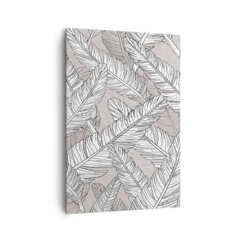 Obraz na płótnie - Czarno-biały wzór z liśćmi bananowca na jasnym tle - 70x100cm - Pierzasta zawierucha - Nowoczesna dekoracja ścienna do salonu i sypialni ARTTOR
