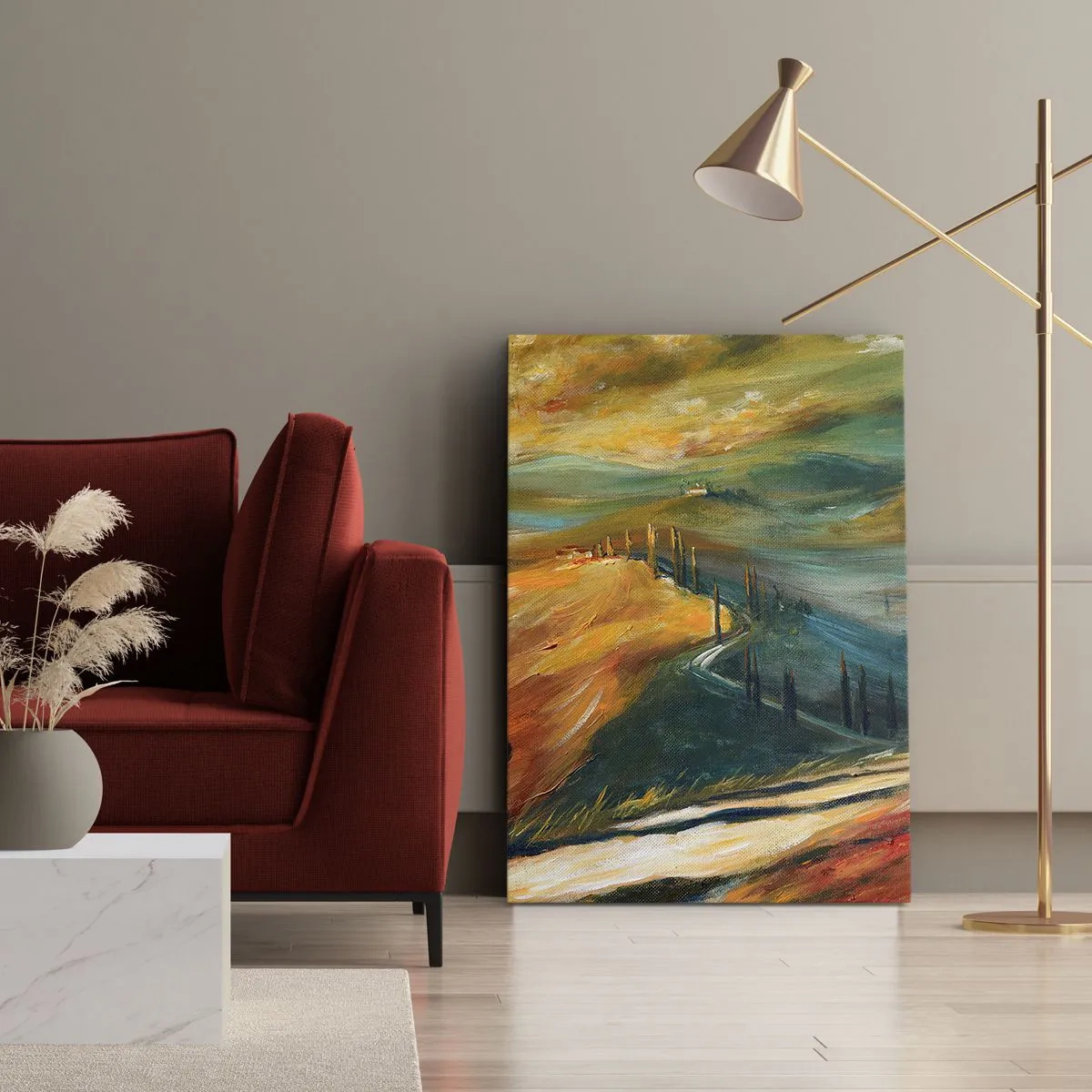 Obraz na płótnie - Malowniczy pejzaż toskańskich wzgórz w ciepłych barwach zachodu słońca - 50x70cm - Toskański pejzaż - Nowoczesna dekoracja ścienna do salonu, kuchni i sypialni ARTTOR