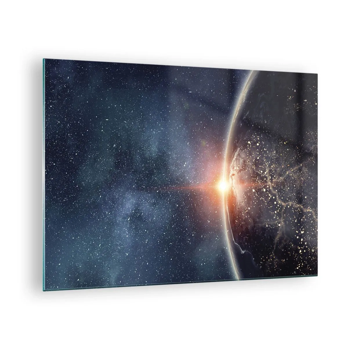 Obraz na szkle - Ziemia oświetlona promieniami słońca w kosmosie - 70x50cm - W nowej perspektywie - Nowoczesna dekoracja ścienna do salonu i sypialni ARTTOR