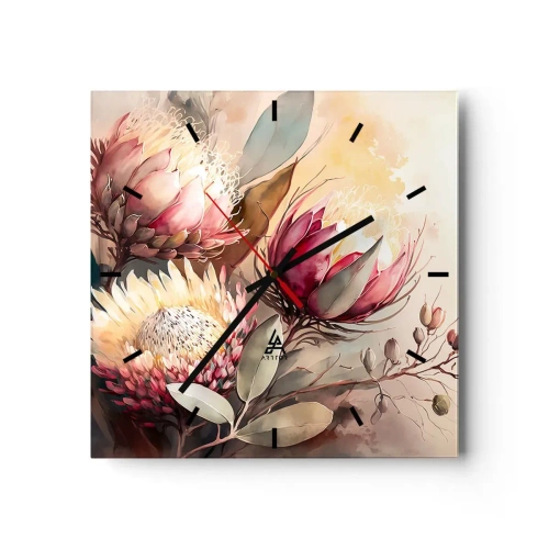 Zegar ścienny - Kwiaty protei w delikatnych pastelowych odcieniach - 30x30cm - Z profilu i en face - Nowoczesna dekoracja ścienna do salonu i sypialni ARTTOR