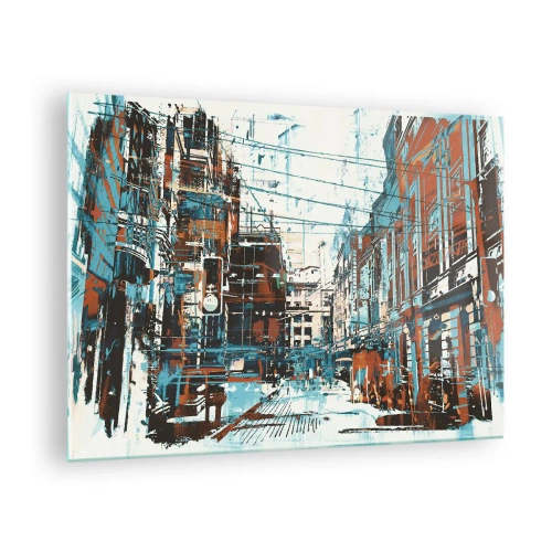 Obraz na szkle - Malownicza ulica miejska w artystycznym, przetartym stylu - 70x50cm - Przetarty miejski szlak - Nowoczesna dekoracja ścienna do salonu i sypialni ARTTOR