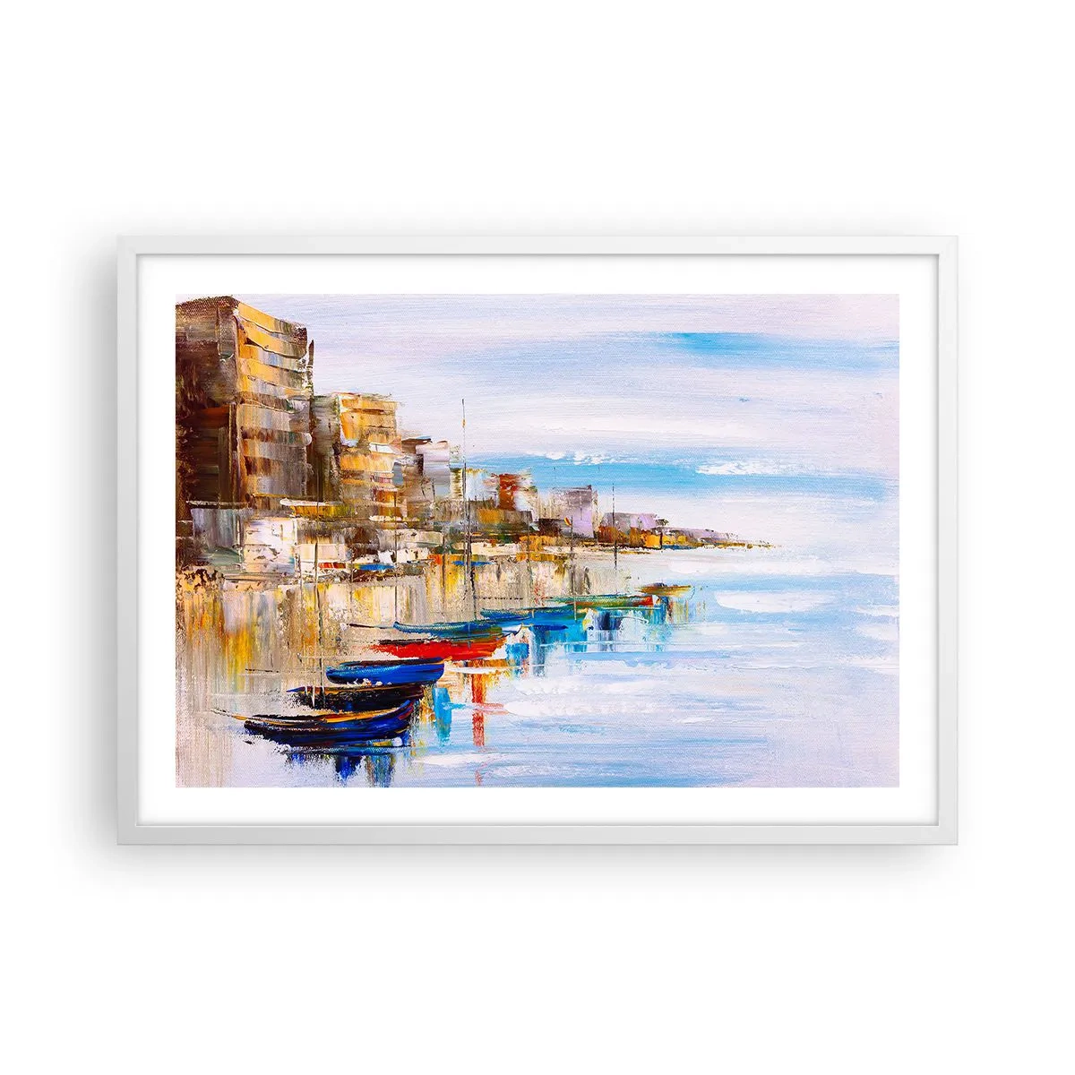 Plakat w białej ramie - Wielobarwna miejska przystań - 70x50 cm