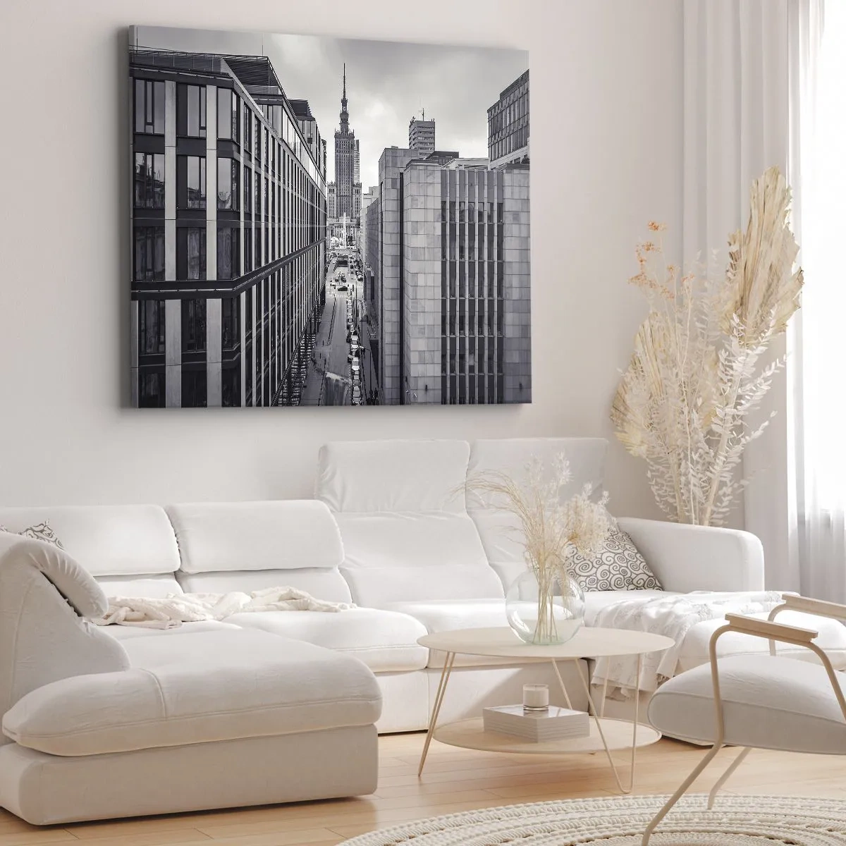 Obraz na płótnie - Panorama Warszawy z widokiem na Pałac Kultury i otaczające budynki - 70x50cm - Warszawska dolina - Nowoczesna dekoracja ścienna do salonu i sypialni ARTTOR