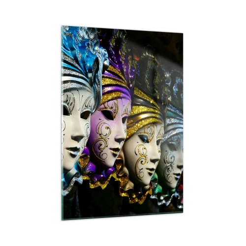 Obraz na szkle - Kolorowe weneckie maski w rzędzie - 50x70cm - Tajemnica w złocie i w srebrze - Nowoczesna dekoracja ścienna do salonu, kuchni i sypialni ARTTOR