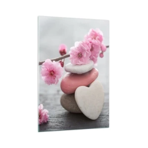 Obraz na szkle - Delikatne kwiaty wiśni z kamieniami w kształcie serca - 70x100cm - Błogość z kwiatem wiśni - Nowoczesna dekoracja ścienna do salonu i sypialni ARTTOR