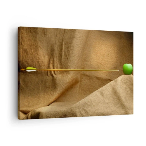 Obraz na płótnie - Zielone jabłko na tkaninie ze strzałą tworzącą kompozycję - 70x50cm - Przywołać ducha Wilhelma Tella - Nowoczesna dekoracja ścienna do salonu i sypialni ARTTOR