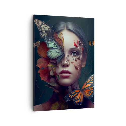 Obraz na płótnie - Portret kobiety w surrealistycznej kompozycji z motylami i liśćmi - 50x70cm - Cudowna metamorfoza - Nowoczesna dekoracja ścienna do salonu, kuchni i sypialni ARTTOR