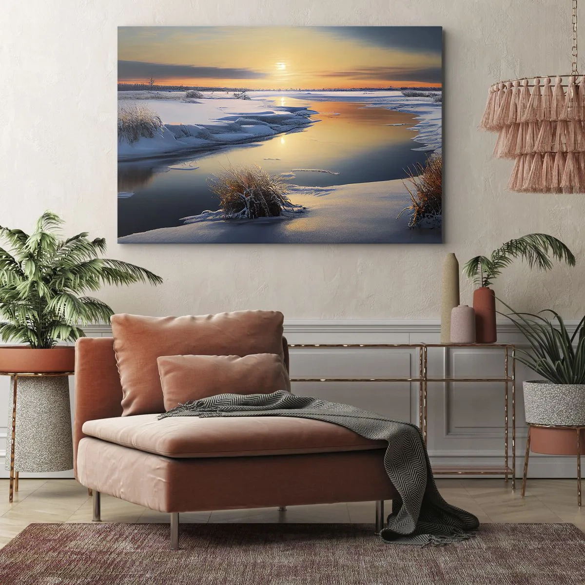 Obraz na płótnie - Zimowy krajobraz z rzeką o zachodzie słońca - 70x50cm - Zimowy zachód słońca - Nowoczesna dekoracja ścienna do salonu i sypialni ARTTOR