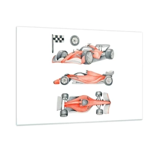 Obraz na szkle - Ilustracja czerwonego bolidu w trzech ujęciach z flagą wyścigową - 120x80cm - Doścignąć marzenie - Nowoczesna dekoracja ścienna do salonu, kuchni i sypialni ARTTOR