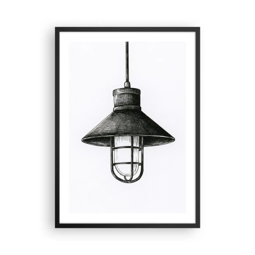 Plakat w czarnej ramie - Szkic industrialnej lampy wiszącej - 50x70cm - Jak przed laty… - Nowoczesna dekoracja ścienna do salonu i sypialni ARTTOR