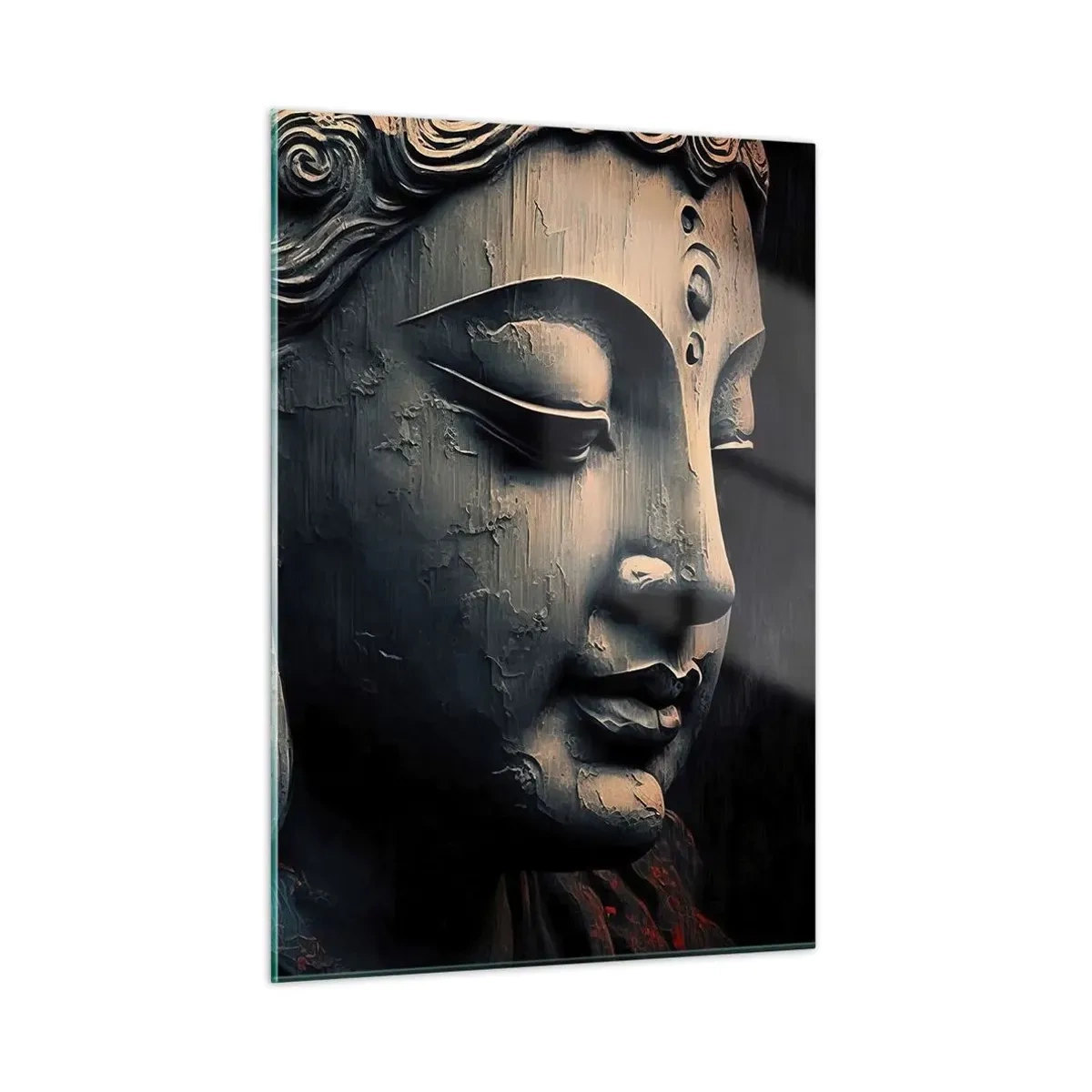 Obraz na szkle - Profil medytującej postaci z czerwonym kwiatem na ciemnym tle - 50x70cm - W zgodzie ze światem - Nowoczesna dekoracja ścienna do salonu, kuchni i sypialni ARTTOR