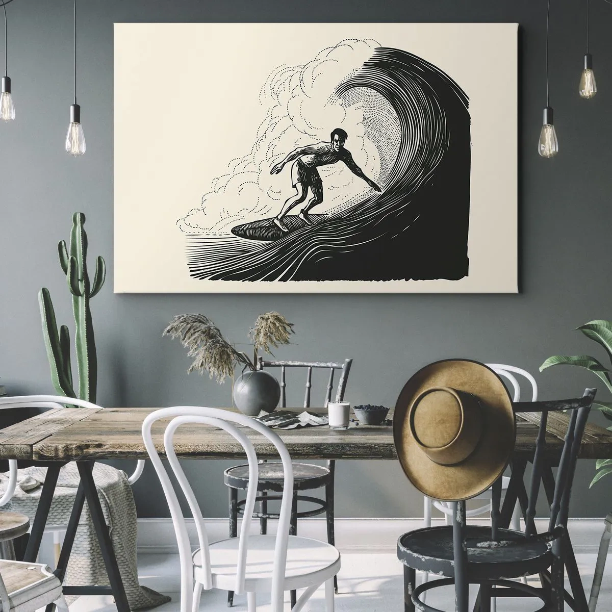 Obraz na płótnie - Czarno-biała grafika surfera na fali - 70x50cm - Król fali - Nowoczesna dekoracja ścienna do salonu i sypialni ARTTOR