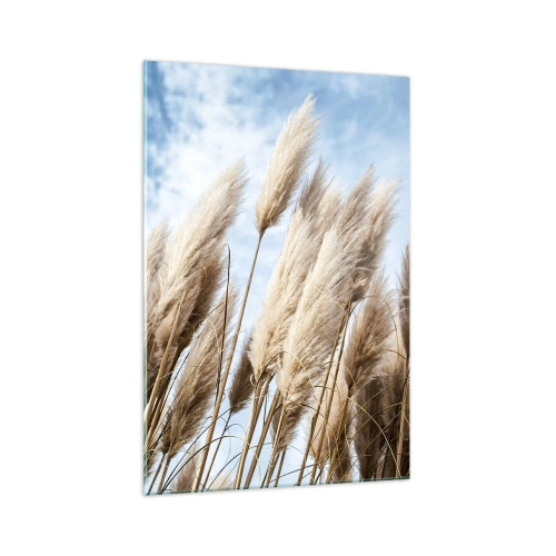 Obraz na szkle - Delikatne trawy pampasowe na tle błękitnego nieba z lekkimi chmurami - 70x100cm - Słoneczna i wietrzna pieszczota - Nowoczesna dekoracja ścienna do salonu i sypialni ARTTOR