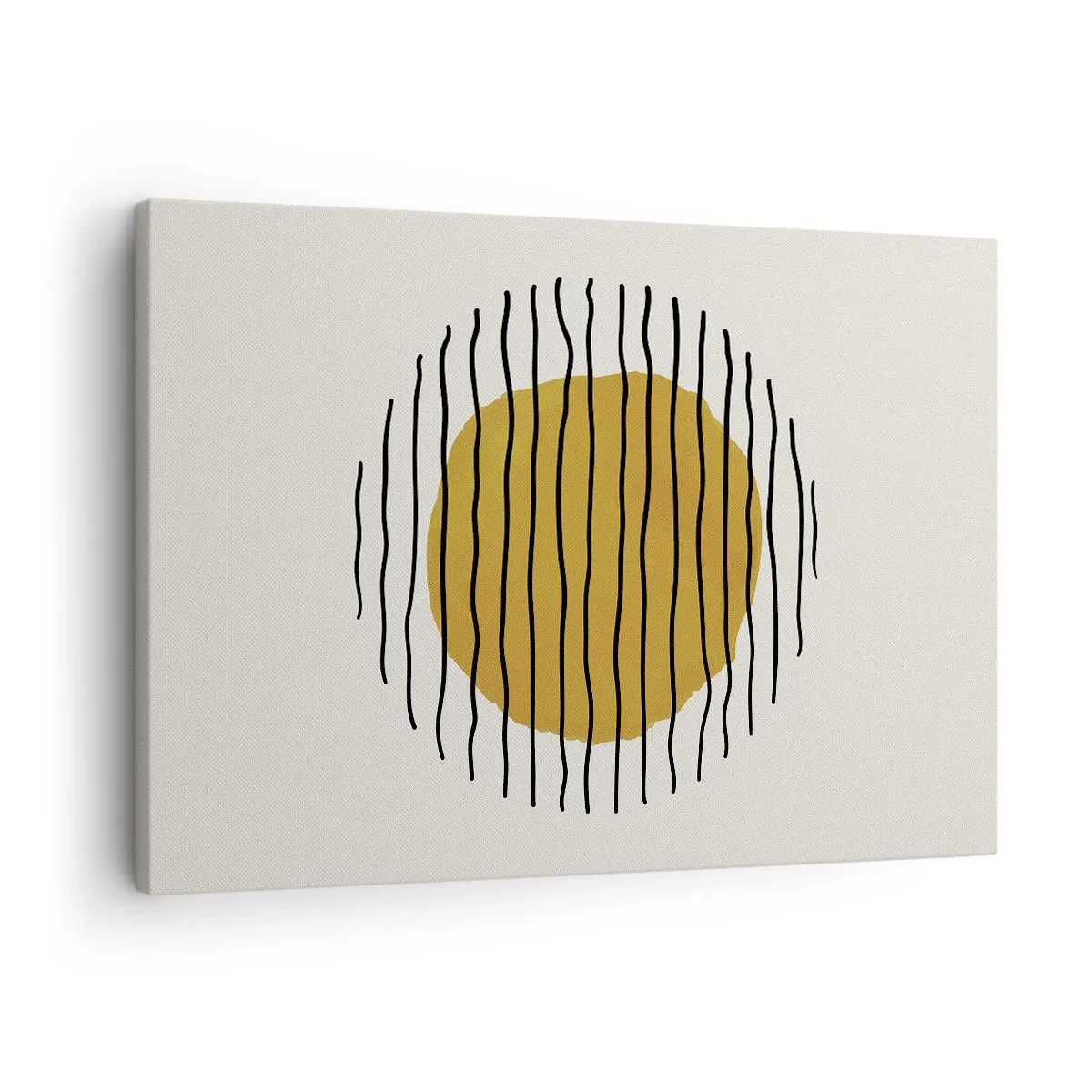 Obraz na płótnie - Minimalistyczny motyw z żółtym kołem i czarnymi liniami - 70x50cm - Abstrakcja drżąca od żaru - Nowoczesna dekoracja ścienna do salonu i sypialni ARTTOR