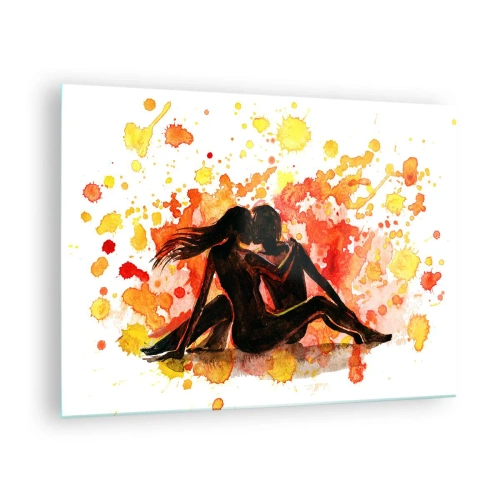 Obraz na szkle - Silhouette pary na tle kolorowych akwarelowych plam - 70x50cm - I stała się światłość - Nowoczesna dekoracja ścienna do salonu i sypialni ARTTOR