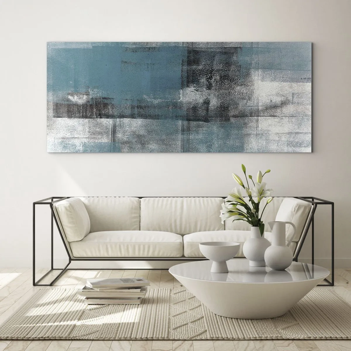 Obraz na szkle - Abstrakcyjna kompozycja w odcieniach błękitu z teksturą i warstwami - 160x50cm - Woda i powietrze - Nowoczesna dekoracja ścienna do salonu i sypialni ARTTOR