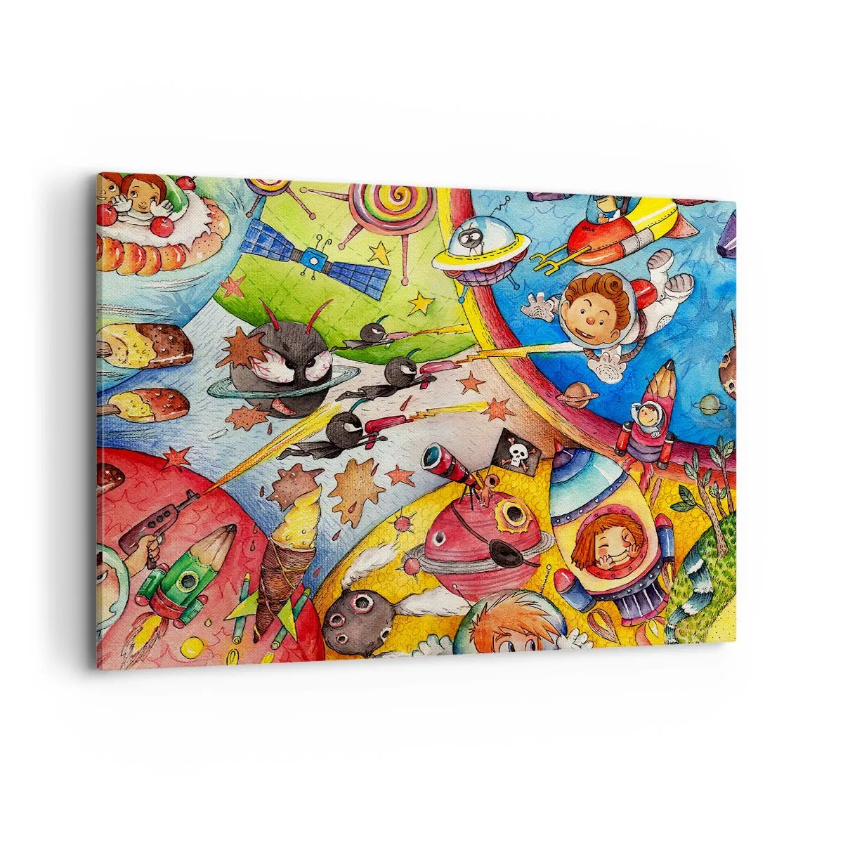 Obraz na płótnie - Kolorowa scena kosmiczna pełna dzieci i statków kosmicznych - 100x70cm - Wielka kosmiczna przygoda - Nowoczesna dekoracja ścienna do salonu, kuchni i sypialni ARTTOR