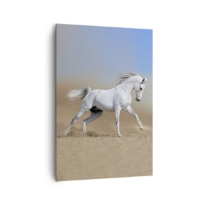 Obraz na płótnie - Biały koń galopujący po pustynnym krajobrazie - 70x100cm - Najpiękniejsza arabska baśń - Nowoczesna dekoracja ścienna do salonu i sypialni ARTTOR