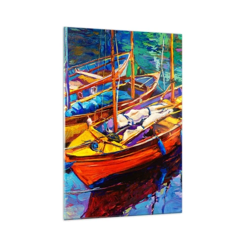 Obraz na szkle - Kolorowe łodzie na spokojnej wodzie - 70x100cm - Na wodzie gęstej od barw - Nowoczesna dekoracja ścienna do salonu i sypialni ARTTOR