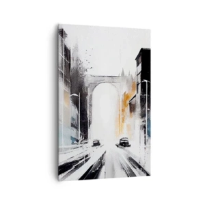 Obraz na płótnie - Abstrakcyjna panorama miasta z łukowym mostem - 80x120cm - Studium miasta: architektura i ruch - Nowoczesna dekoracja ścienna do salonu i sypialni ARTTOR