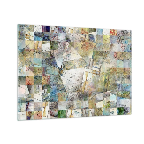 Obraz na szkle - Kolorowa kompozycja z pofragmentowanych geometrycznych kształtów - 70x50cm - Geometryczne przetasowanie - Nowoczesna dekoracja ścienna do salonu i sypialni ARTTOR