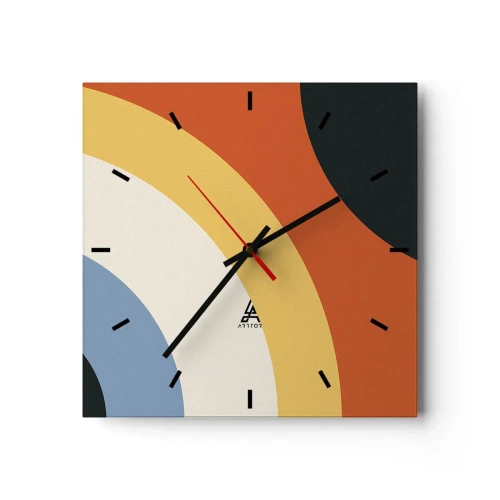 Zegar ścienny - Abstrakcyjna grafika z kolorowymi łukami i kontrastowymi kołami - 30x30cm - Ku sobie - Nowoczesna dekoracja ścienna do salonu i sypialni ARTTOR