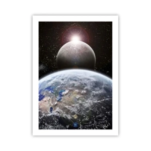 Plakat - Planety Ziemia i Księżyc w kosmosie - 50x70cm - Pejzaż kosmiczny - wschód słońca - Nowoczesna dekoracja ścienna do salonu, kuchni i sypialni ARTTOR