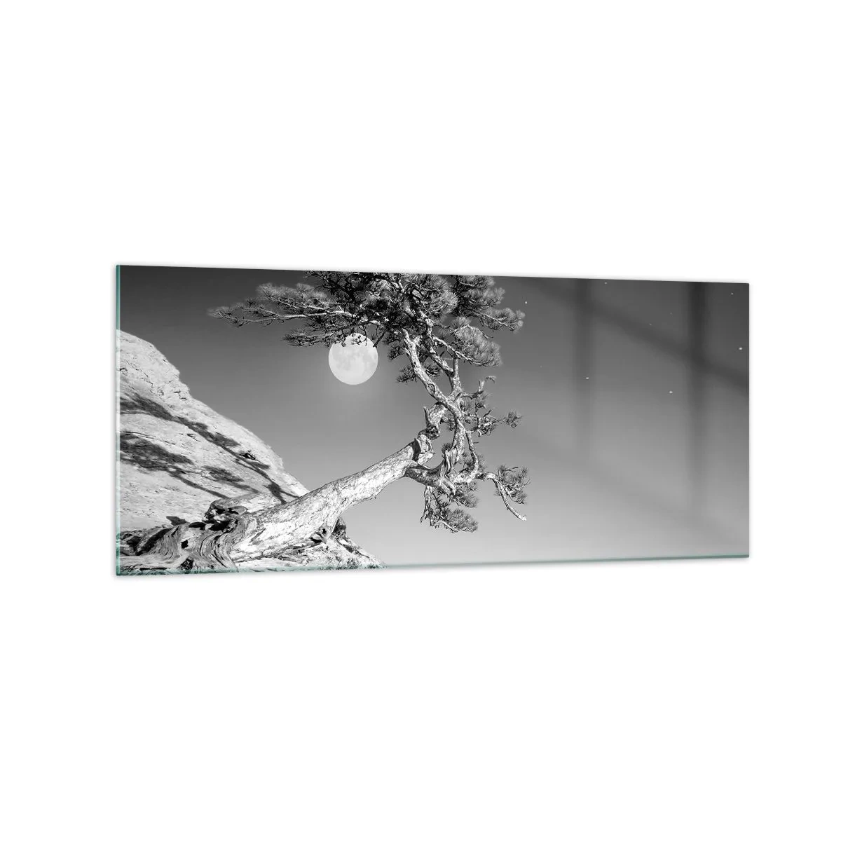 Obraz na szkle - Czarno-białe drzewo na klifie z księżycem w tle - 120x50cm - Zwycięska wojowniczka - Nowoczesna dekoracja ścienna do salonu i sypialni ARTTOR