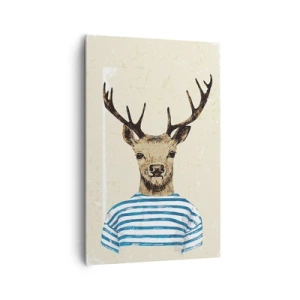 Obraz na płótnie - Jeleń w koszulce w paski na jasnym tle z delikatną teksturą - 80x120cm - Bo lubię koszulki w paski! - Nowoczesna dekoracja ścienna do salonu i sypialni ARTTOR