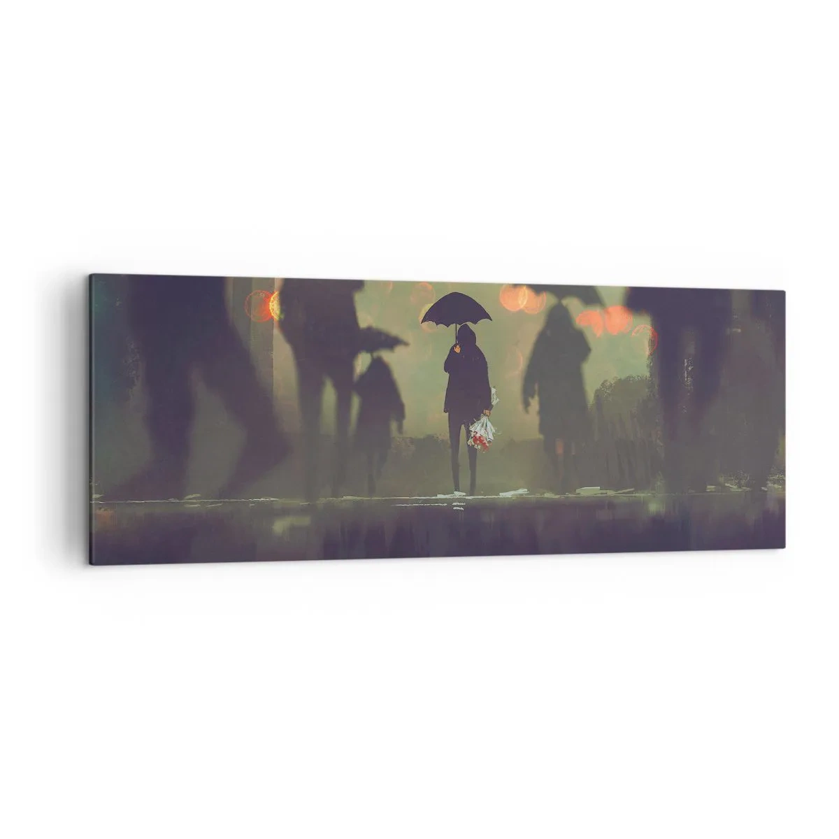 Obraz na płótnie - Postać z parasolem w deszczowy wieczór wśród świateł miasta - 140x50cm - Z perspektywy kropli deszczu - Nowoczesna dekoracja ścienna do salonu i sypialni ARTTOR