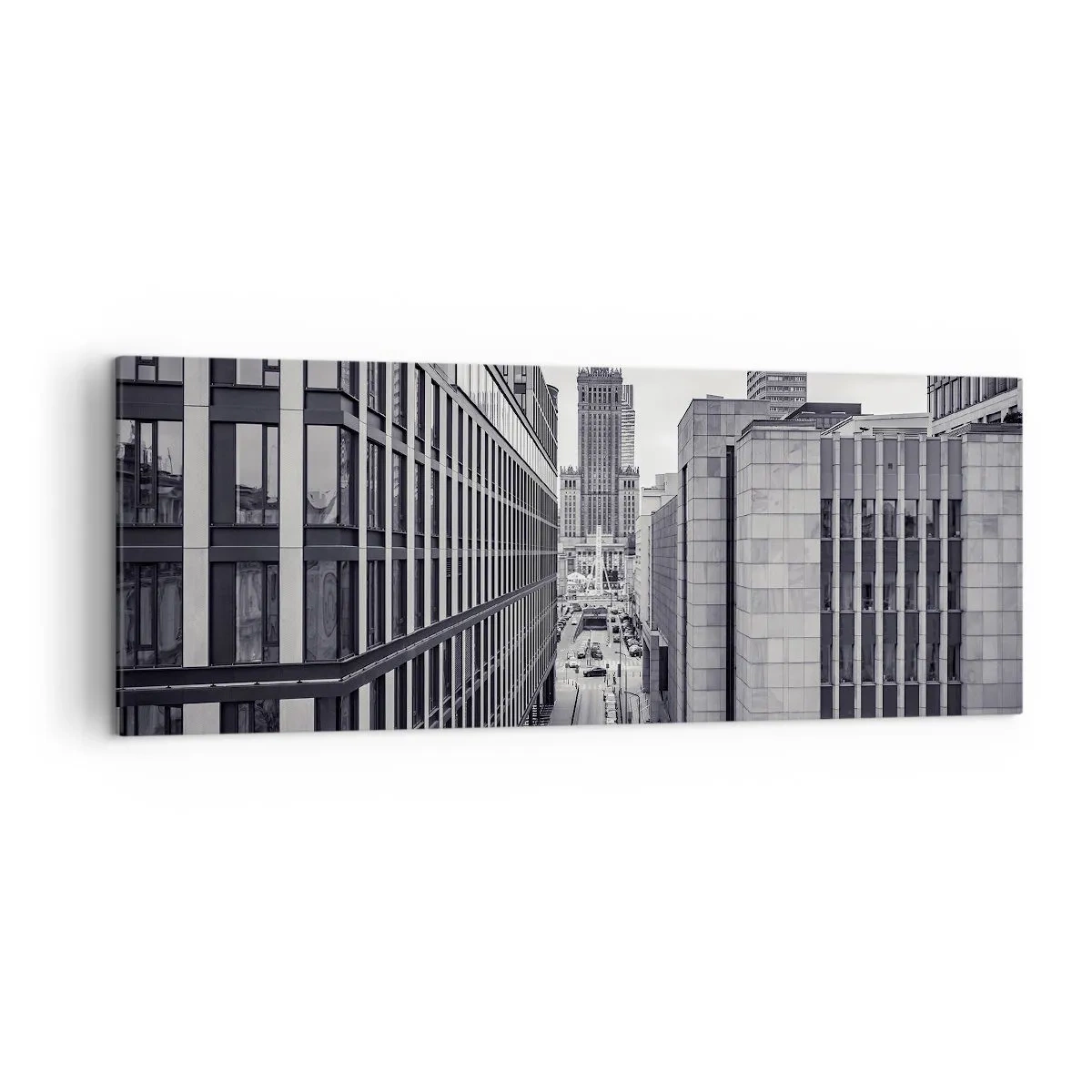 Obraz na płótnie - Panorama Warszawy z widokiem na Pałac Kultury i otaczające budynki - 140x50cm - Warszawska dolina - Nowoczesna dekoracja ścienna do salonu i sypialni ARTTOR