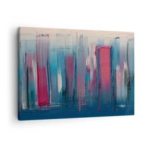 Obraz na płótnie - Abstrakcyjne pionowe formy w odcieniach błękitu i czerwieni - 70x50cm - Kompozycja wertykalna w błękicie i czerwieni - Nowoczesna dekoracja ścienna do salonu i sypialni ARTTOR