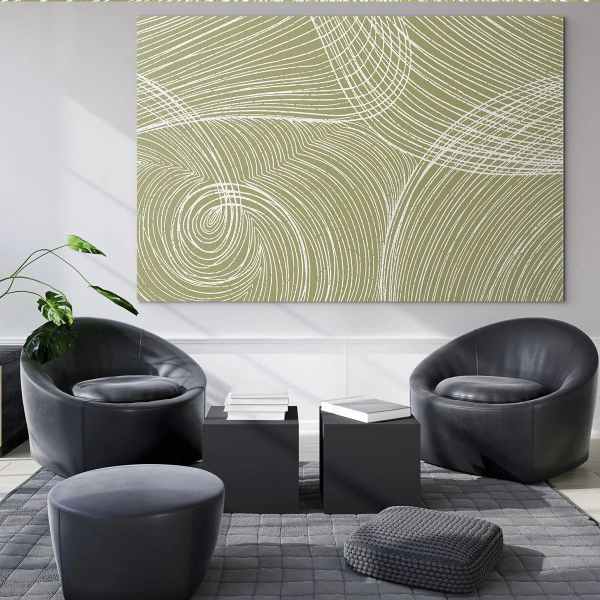 Obraz na szkle - Białe linie tworzące złożoną strukturę na tle oliwkowej zieleni - 70x50cm - Abstrakcja misterna w bieli - Nowoczesna dekoracja ścienna do salonu i sypialni ARTTOR
