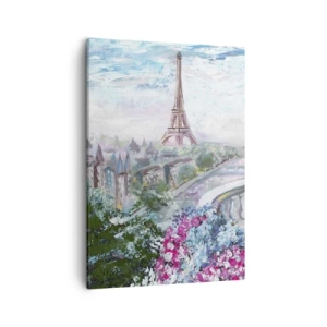 Obraz na płótnie - Widok na Wieżę Eiffla w otoczeniu kwitnących kwiatów - 50x70cm - Najpiękniej tu w maju - Nowoczesna dekoracja ścienna do salonu, kuchni i sypialni ARTTOR