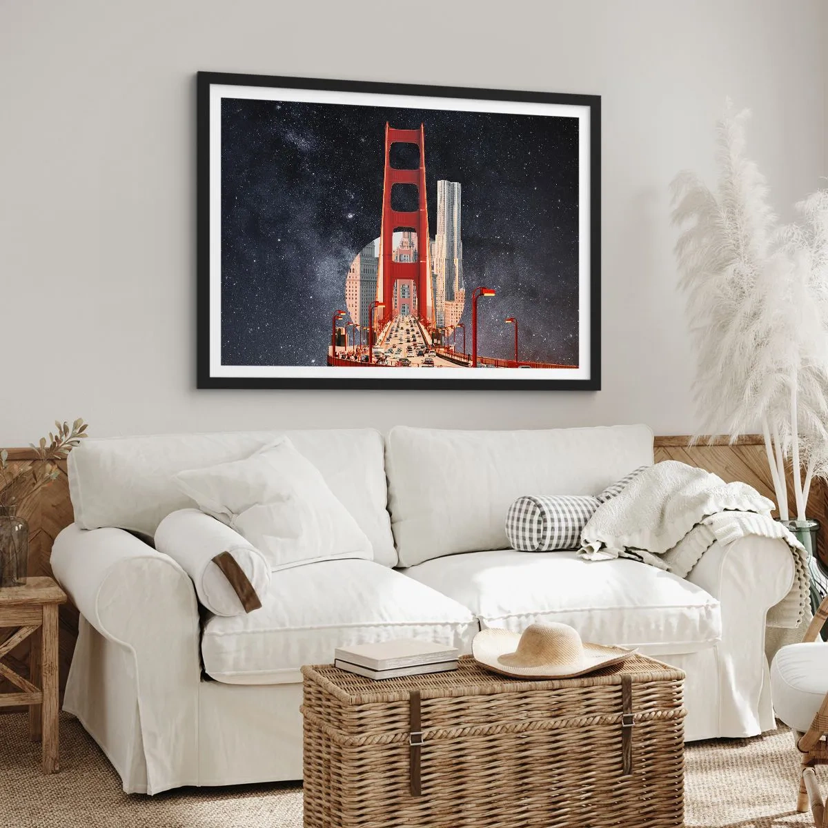 Plakat w czarnej ramie - Most Golden Gate z miastem w tle na tle gwiaździstego nieba - 70x50cm - Zawsze w centrum - Nowoczesna dekoracja ścienna do salonu i sypialni ARTTOR