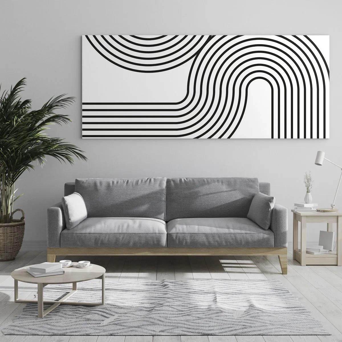 Obraz na szkle - Abstrakcyjny obraz z czarnymi liniami tworzącymi geometryczne wzory na białym tle - 160x50cm - Na zakręcie - Nowoczesna dekoracja ścienna do salonu i sypialni ARTTOR