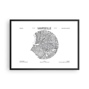 Plakat w czarnej ramie - Mapa Marsylii w minimalistycznym stylu - 70x50cm - Anatomia Marsylii - Nowoczesna dekoracja ścienna do salonu i sypialni ARTTOR