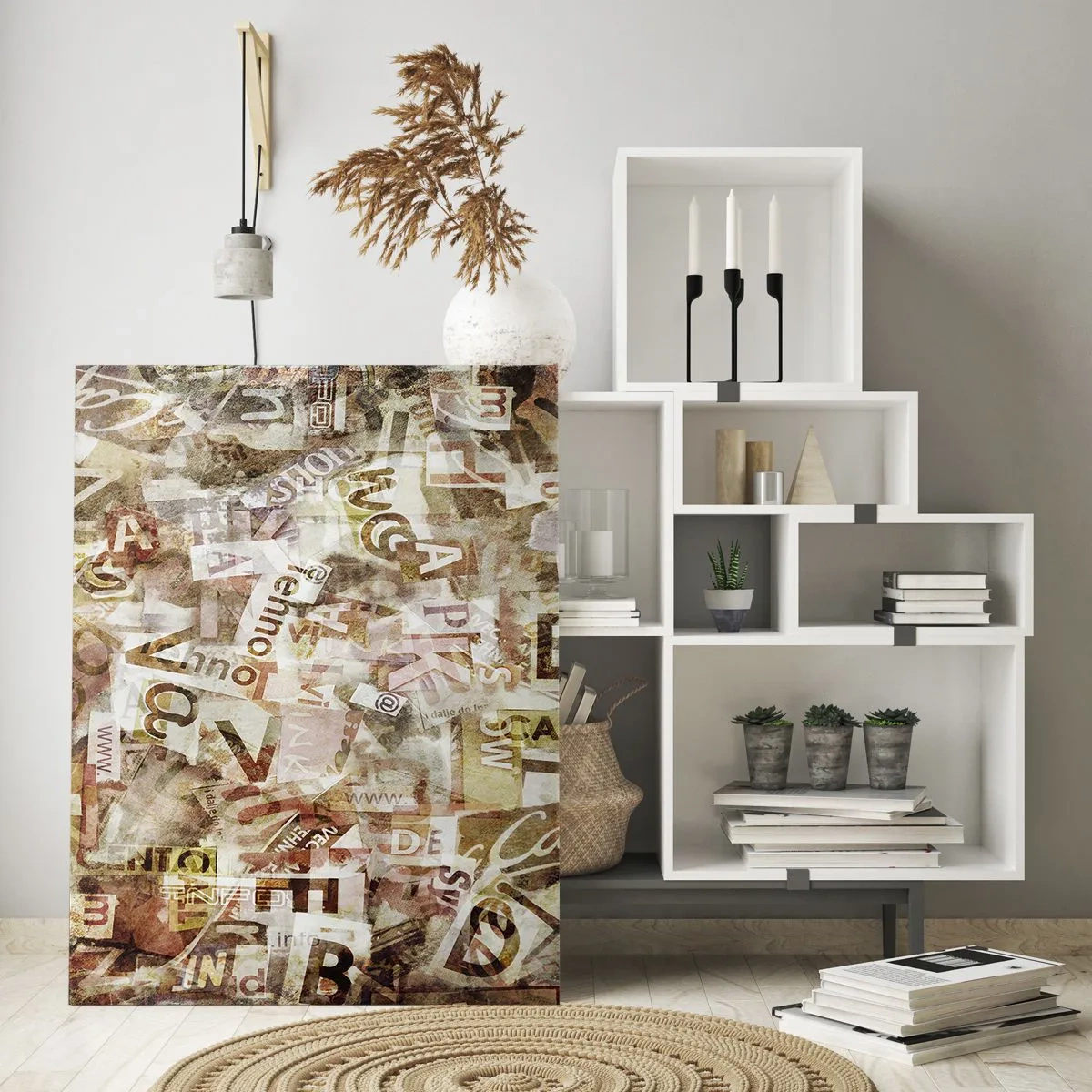 Obraz na szkle - Abstrakcyjna kompozycja z literami i wycinkami tekstu - 80x120cm - Zjednoliterzam paplomanię - Nowoczesna dekoracja ścienna do salonu i sypialni ARTTOR