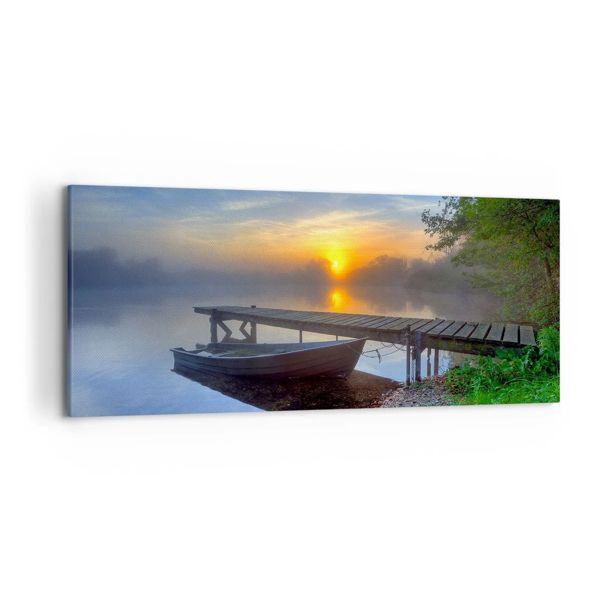 Obraz na płótnie - Pomost nad jeziorem o wschodzie słońca z łodzią przy brzegu - 120x50cm - Jak zwyczajne zamienia się w magiczne - Nowoczesna dekoracja ścienna do salonu i sypialni ARTTOR