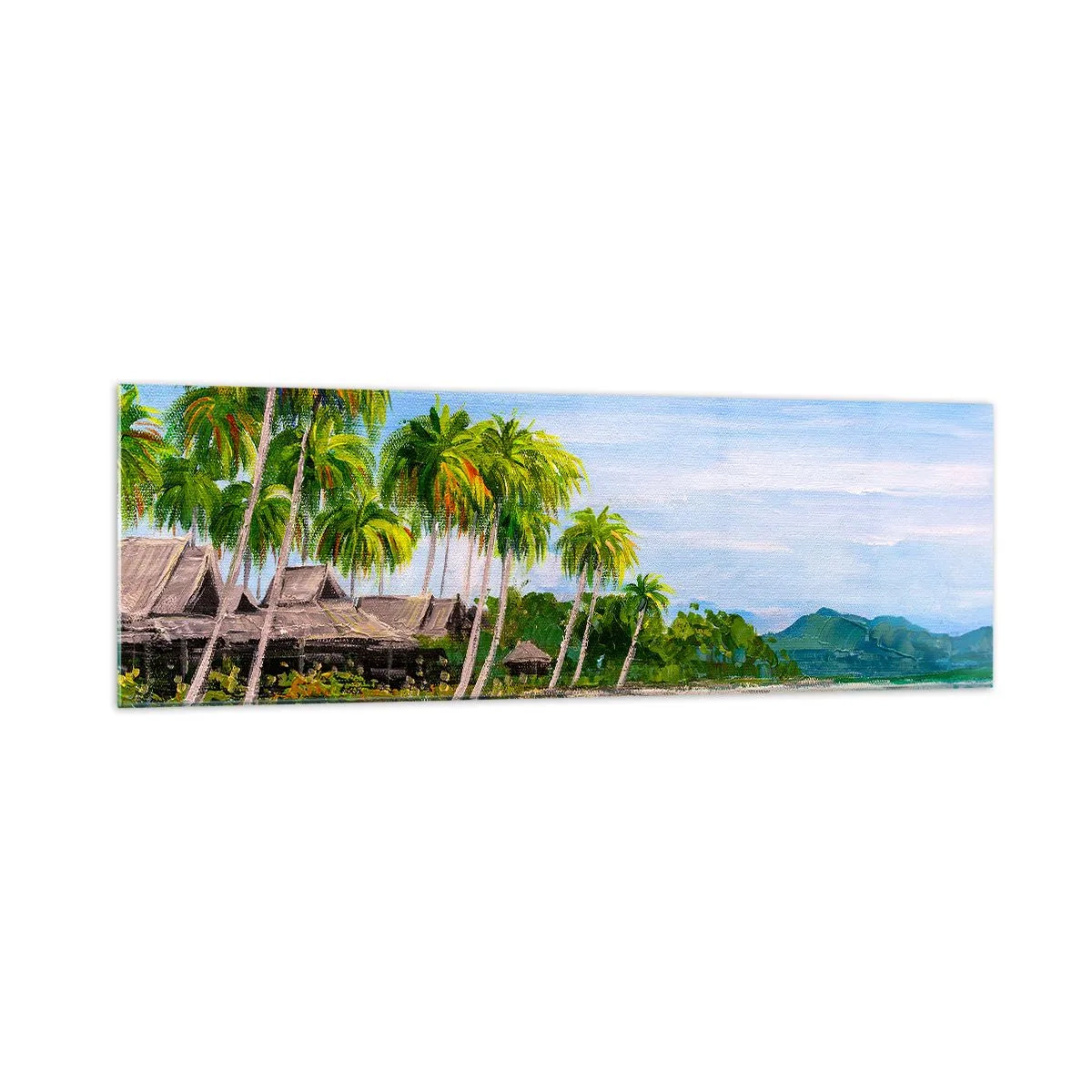 Obraz na szkle - Egzotyczna plaża z palmami i łodzią przy brzegu - 160x50cm - Egzotyczny sen - Nowoczesna dekoracja ścienna do salonu i sypialni ARTTOR