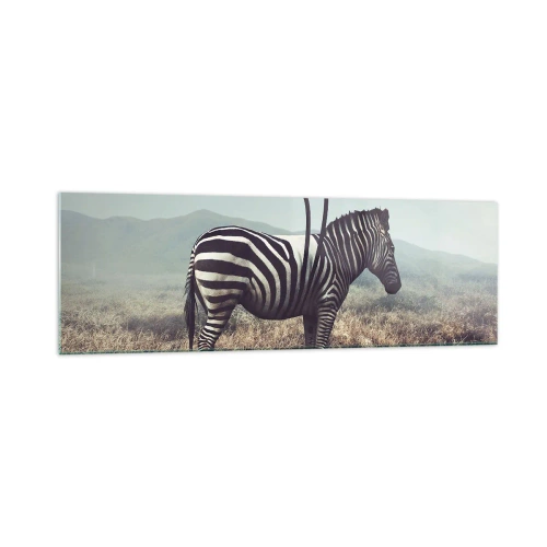 Obraz na szkle - Surrealistyczna zebra na tle trawiastego krajobrazu - 160x50cm - Uwaga! Usterka - Nowoczesna dekoracja ścienna do salonu i sypialni ARTTOR
