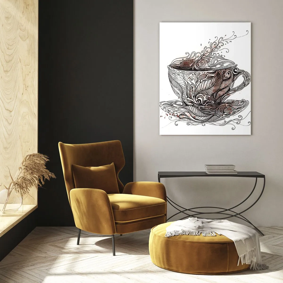 Obraz na szkle - Artystyczny rysunek filiżanki z ornamentami i parą - 50x70cm - Herbata dobra na wszystko - Nowoczesna dekoracja ścienna do salonu, kuchni i sypialni ARTTOR