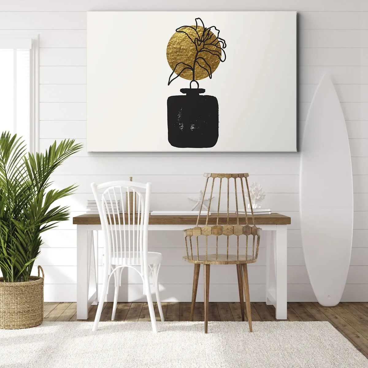 Obraz na płótnie - Rysunkowy kwiat w wazonie na tle złotego okręgu - 70x50cm - Piękno na wagę złota - Nowoczesna dekoracja ścienna do salonu i sypialni ARTTOR