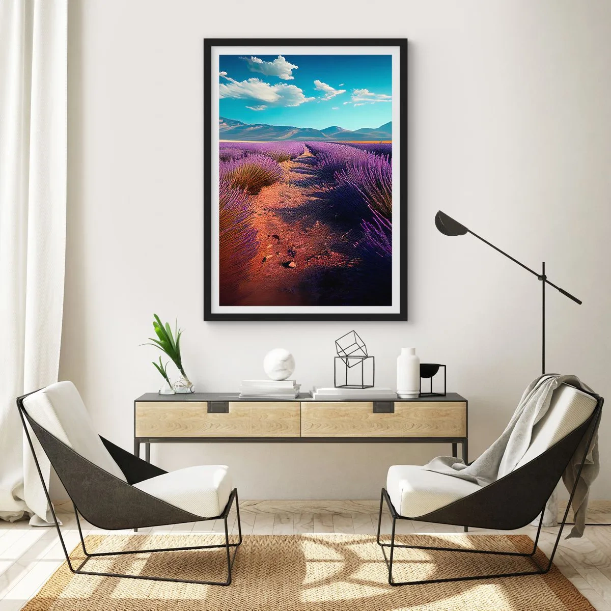 Plakat w czarnej ramie - Pole lawendy o zachodzie słońca z górskim krajobrazem w tle - 50x70cm - Pachnące pola - Nowoczesna dekoracja ścienna do salonu i sypialni ARTTOR