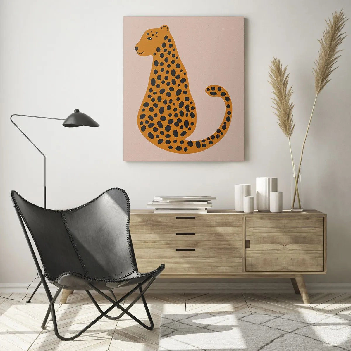 Obraz na szkle - Ilustracja pantery z czarnymi cętkami na beżowym tle - 50x70cm - Panterka to modny wzór - Nowoczesna dekoracja ścienna do salonu, kuchni i sypialni ARTTOR