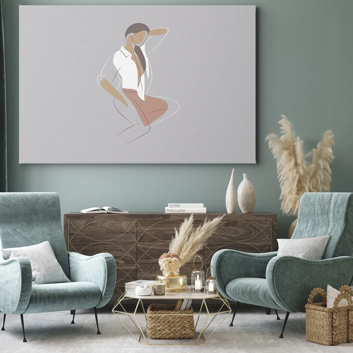 Obraz na płótnie - Minimalistyczny portret kobiety w pastelowych barwach - 70x50cm - Zarys wdzięku - Nowoczesna dekoracja ścienna do salonu i sypialni ARTTOR