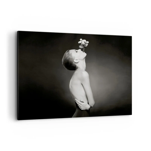 Obraz na płótnie - Czarno-biała sylwetka kobiety z kwiatem - 100x70cm - Ekscentryczna elegancja - Nowoczesna dekoracja ścienna do salonu, kuchni i sypialni ARTTOR